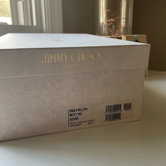 Jimmy Choo Emily 85 Metallic Silver Lizard Print Heels |  37.5 | Like New w/ Box - Picture 10 of 10